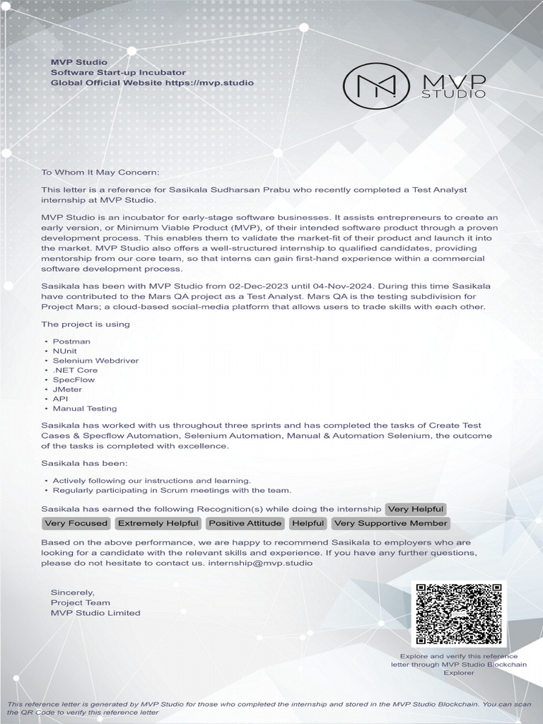 MVPStudio ReferenceLetter | PDF