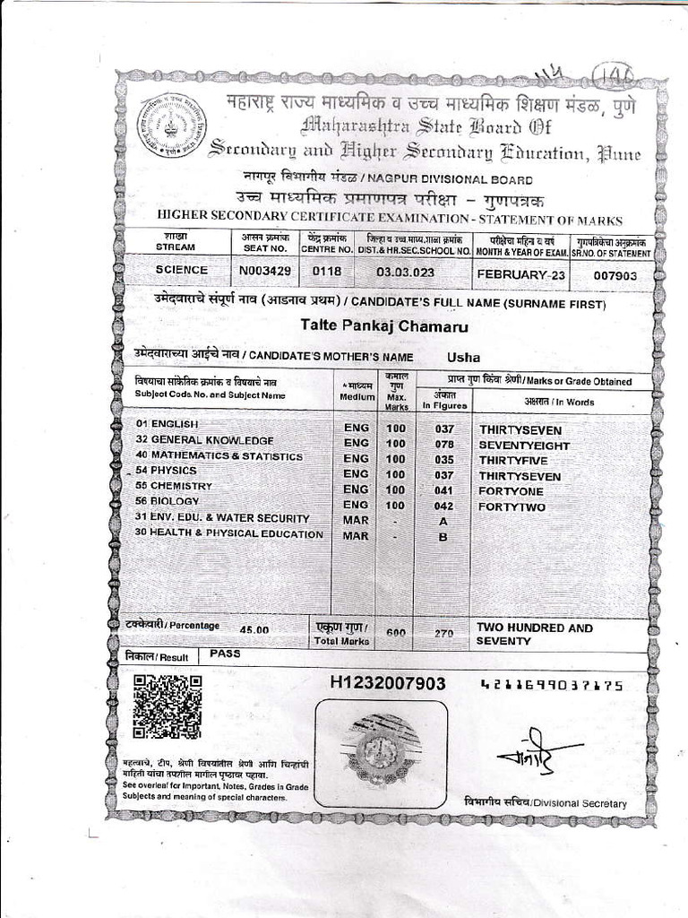 Marksheet of Last Examination Passed | PDF