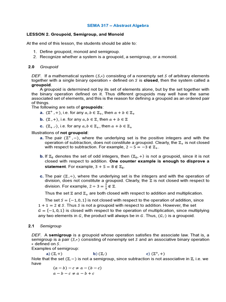 Groupoid, Semigroup, and Monoid Definitions | PDF | Integer | Subtraction