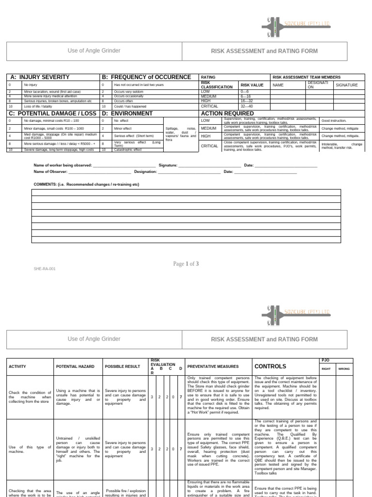 Angle Grinder Risk Assessment Guide | PDF | Occupational Safety And ...