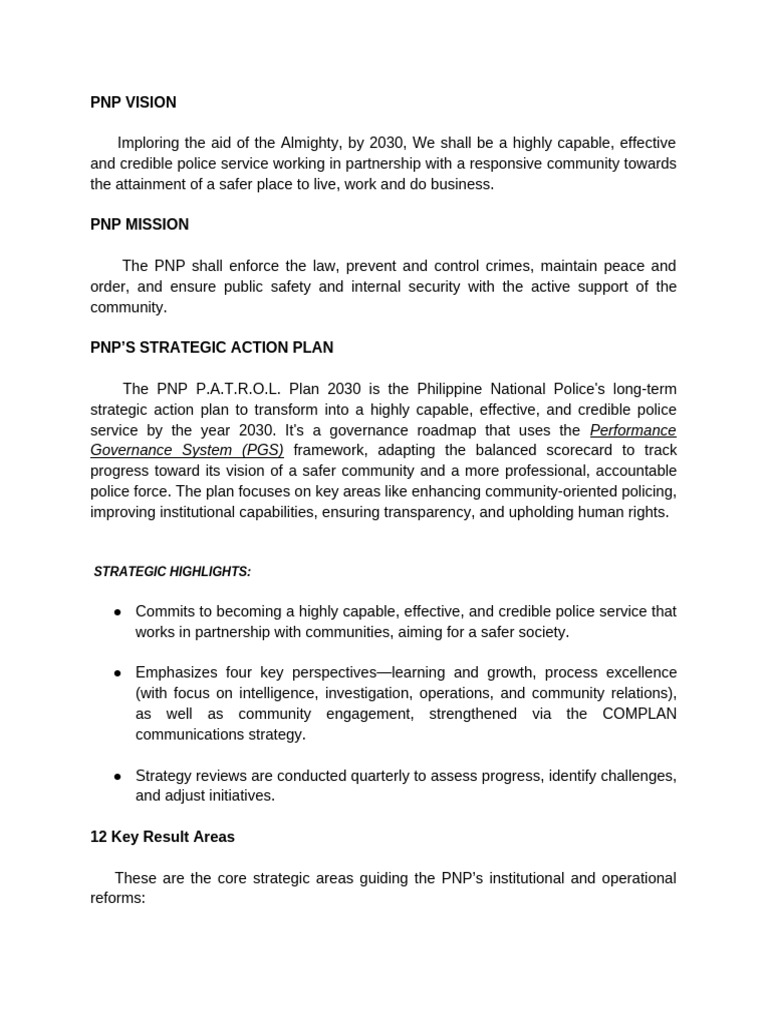 PNP Vision and Strategic Action Plan 2030 | PDF | Police | Governance