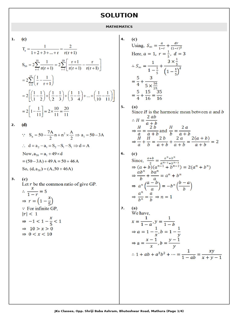 Mathematics Solutions at JKs Classes | PDF