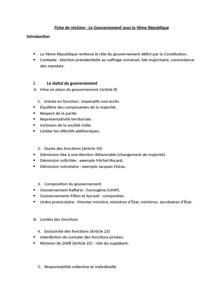 Le Gouvernement de la Vème République | PDF | France | Gouvernement