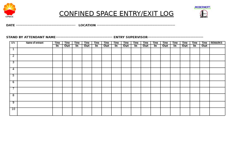Confined Space Entry Log Template | PDF
