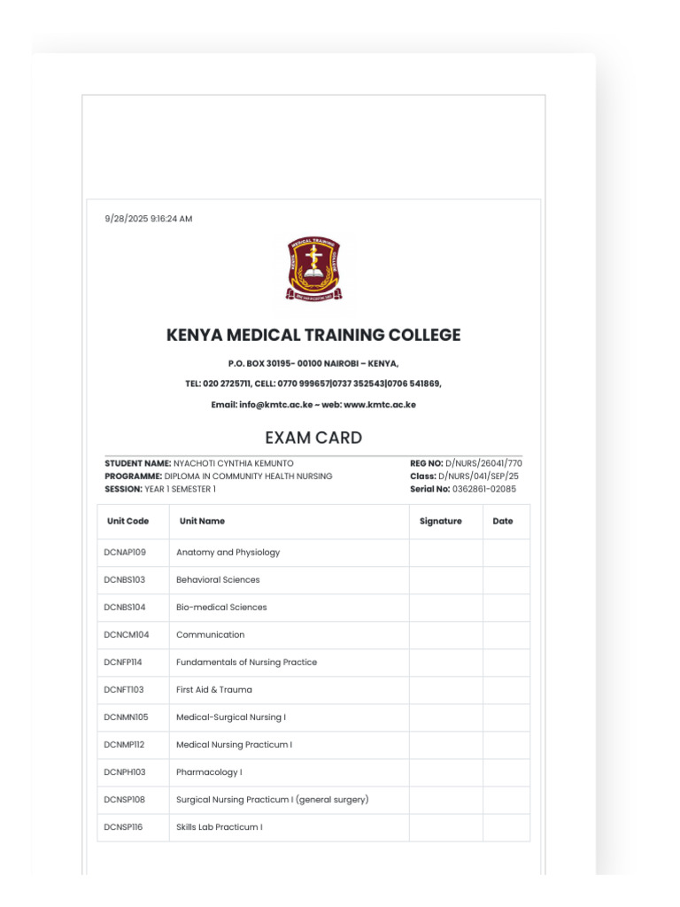 KMTC Exam Card for Nursing Student | PDF