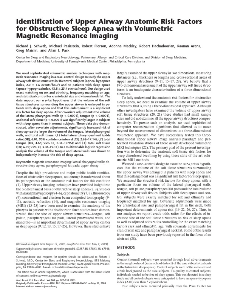 Upper Airway Risk Factors for Sleep Apnea | PDF | Sleep Apnea | Adipose ...
