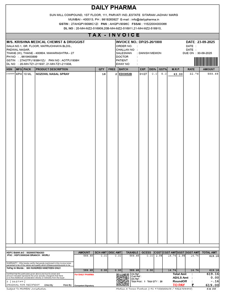 Daily Pharma Invoice for Nozovil Spray | PDF | Taxation | Government