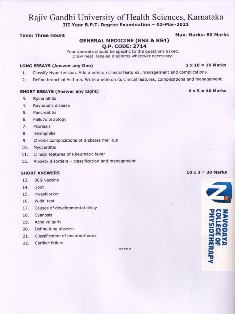 RGUHS 3rd BPT March 2021 QP | PDF
