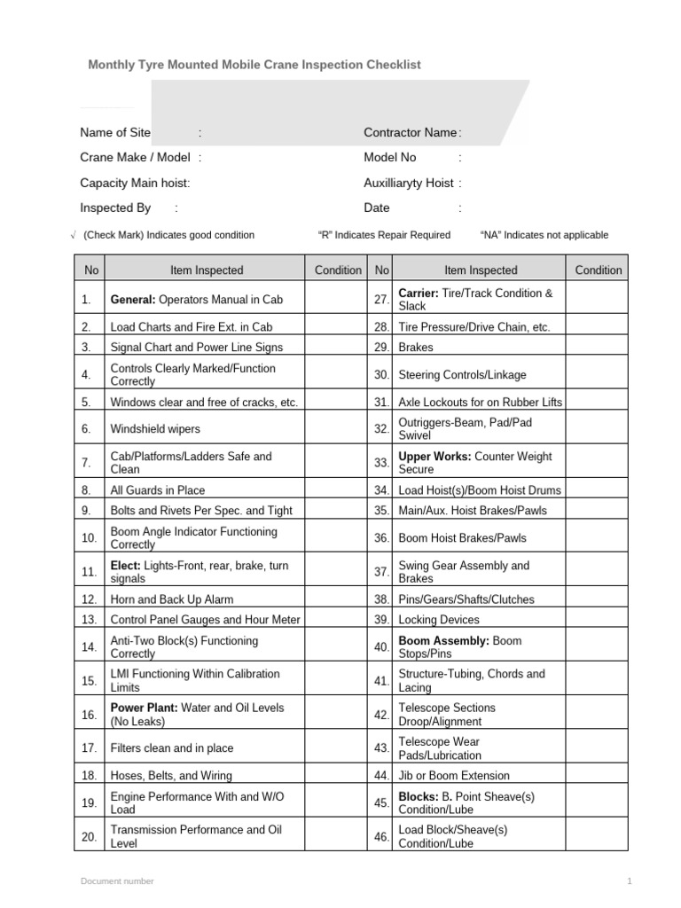 Tyre Mounted Crane Inspection Checklist | PDF | Crane (Machine) | Land ...