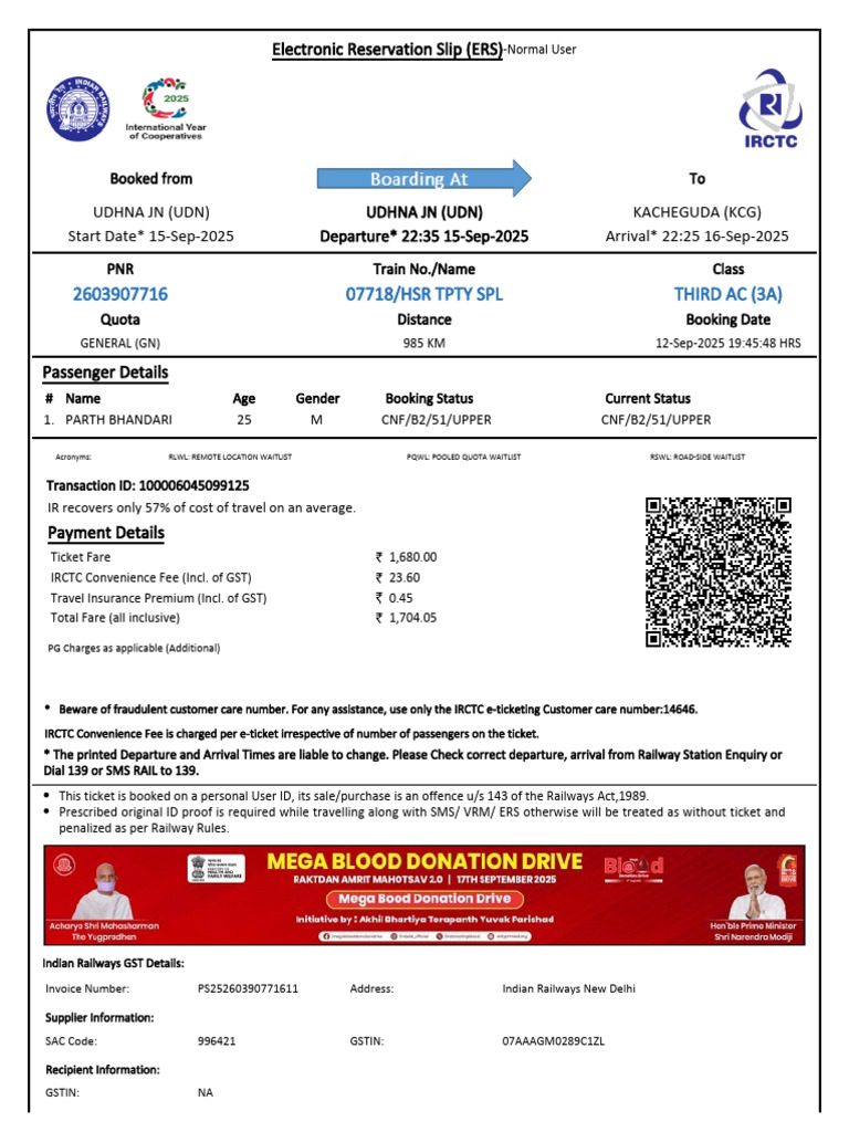 07718/HSR TPTY SPL Third Ac (3A) | PDF | Identity Document