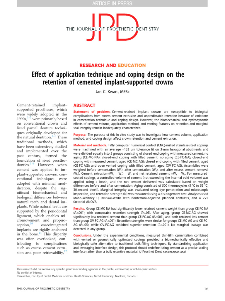 Cement Techniques for Implant Crowns | PDF | Dental Implant | Dentistry ...