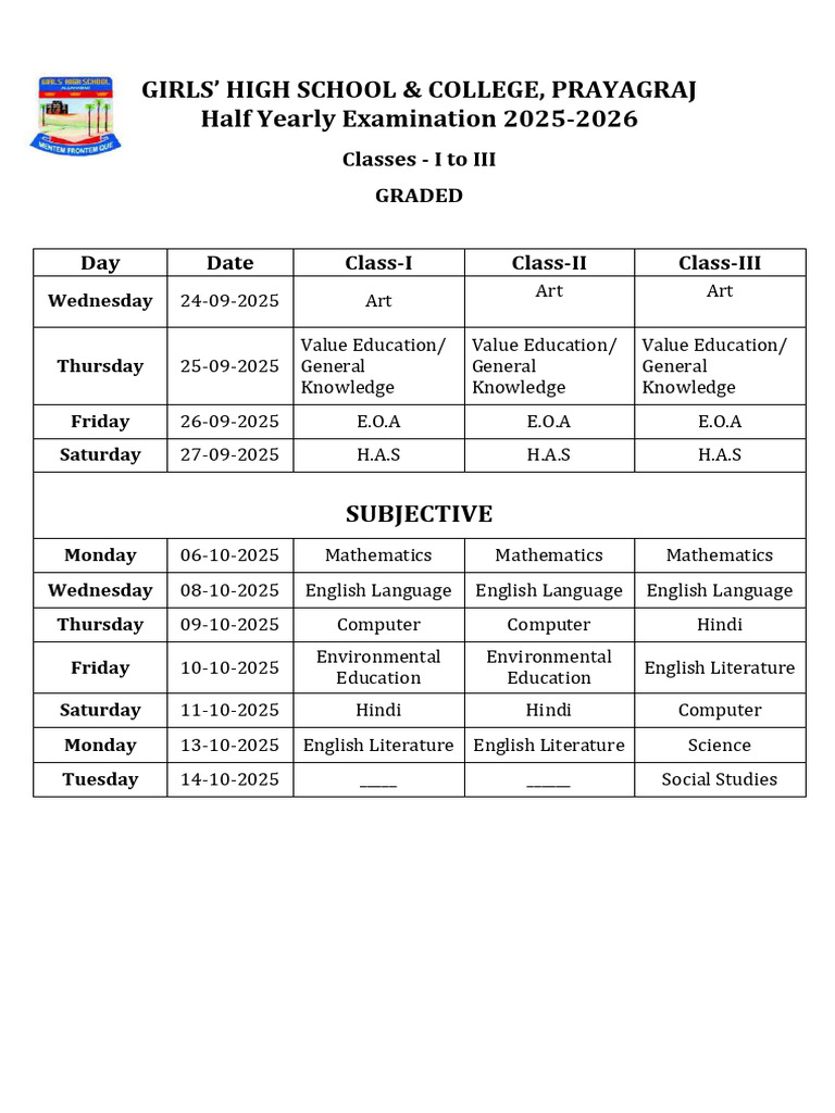 Half Yearly Examination Time Table Classes I To III 2025 2026 | PDF