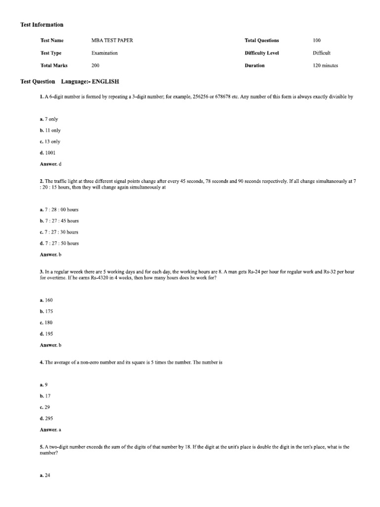 Mba Test Paper | PDF