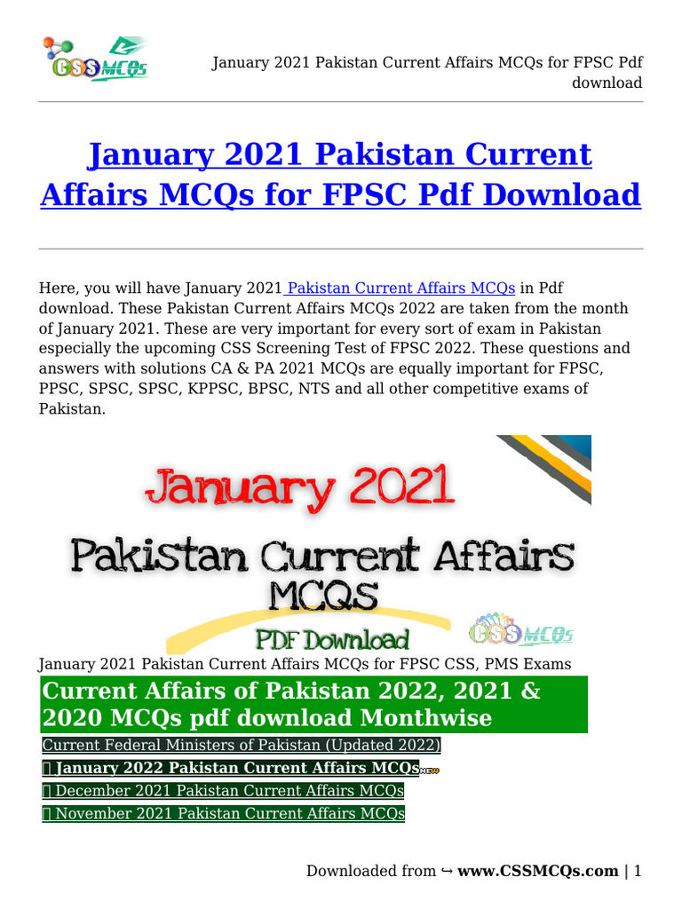 January 2021 Pakistan Current Affairs MCQs | PDF | Multiple Choice ...