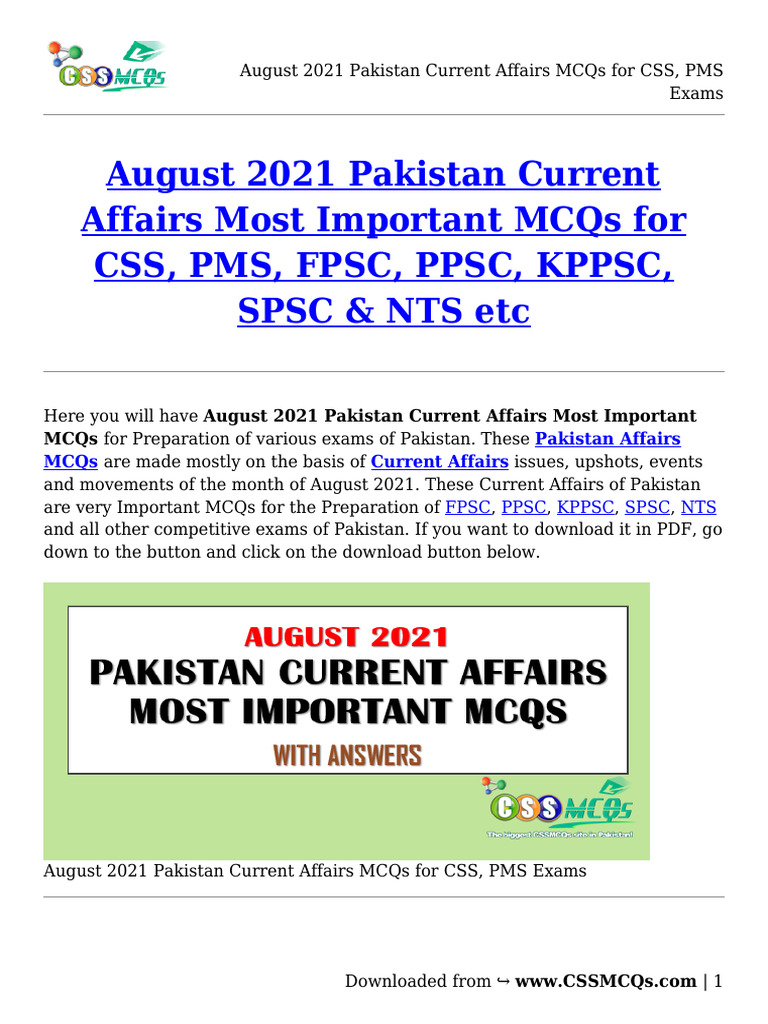 August 2021 Pakistan Current Affairs MCQs | PDF | Pakistan