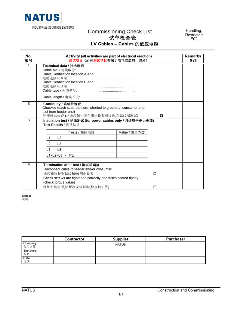 E02 LV Cables Check List (Cables Less Than 1 KV) - Chs | PDF