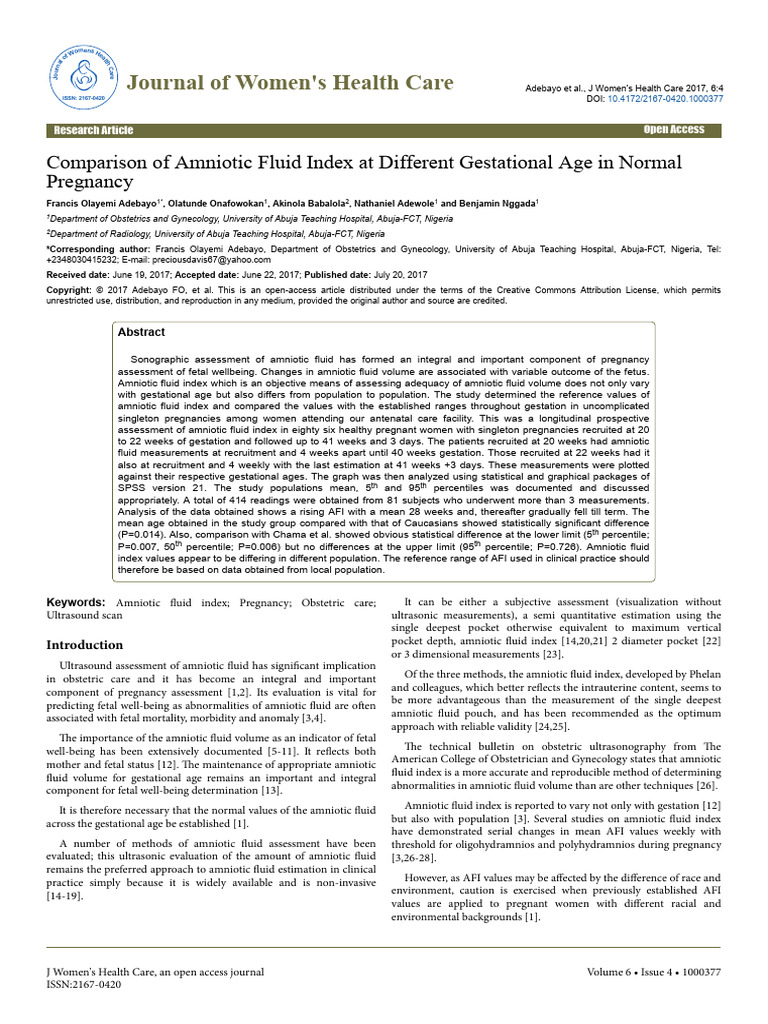 Comparison of Amniotic Fluid Index at Different Gestational Age in ...