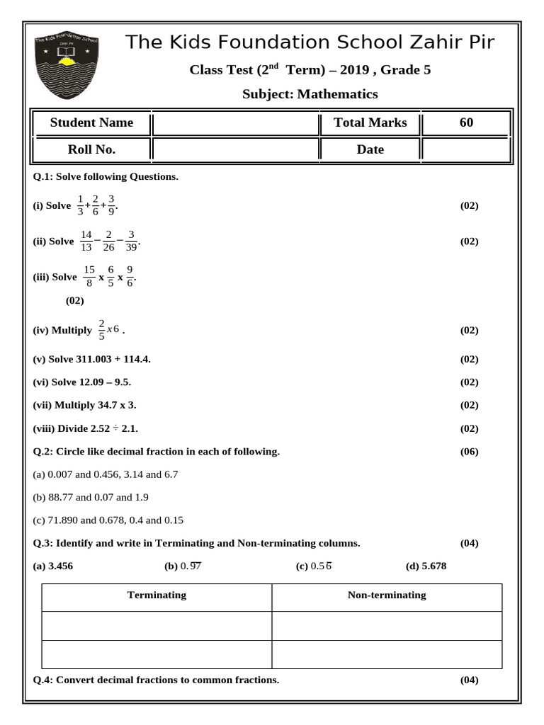Final Assessment Test Mathematics Class Five | PDF | Numbers ...