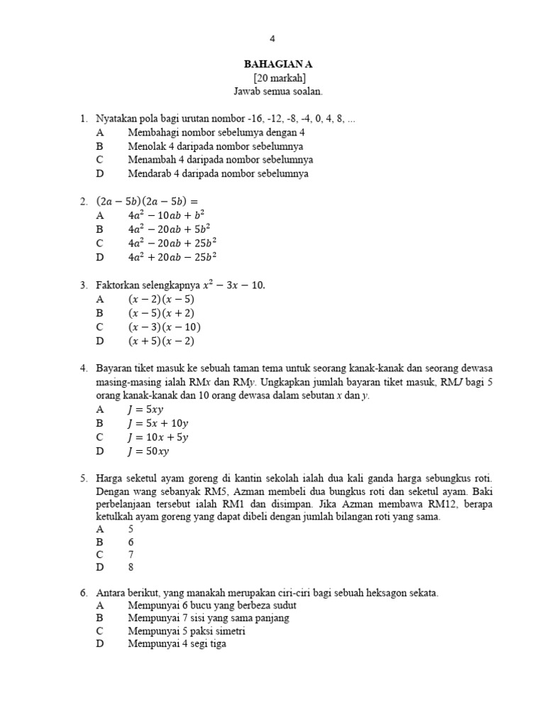 Uasa Matematik f2 2024 | PDF