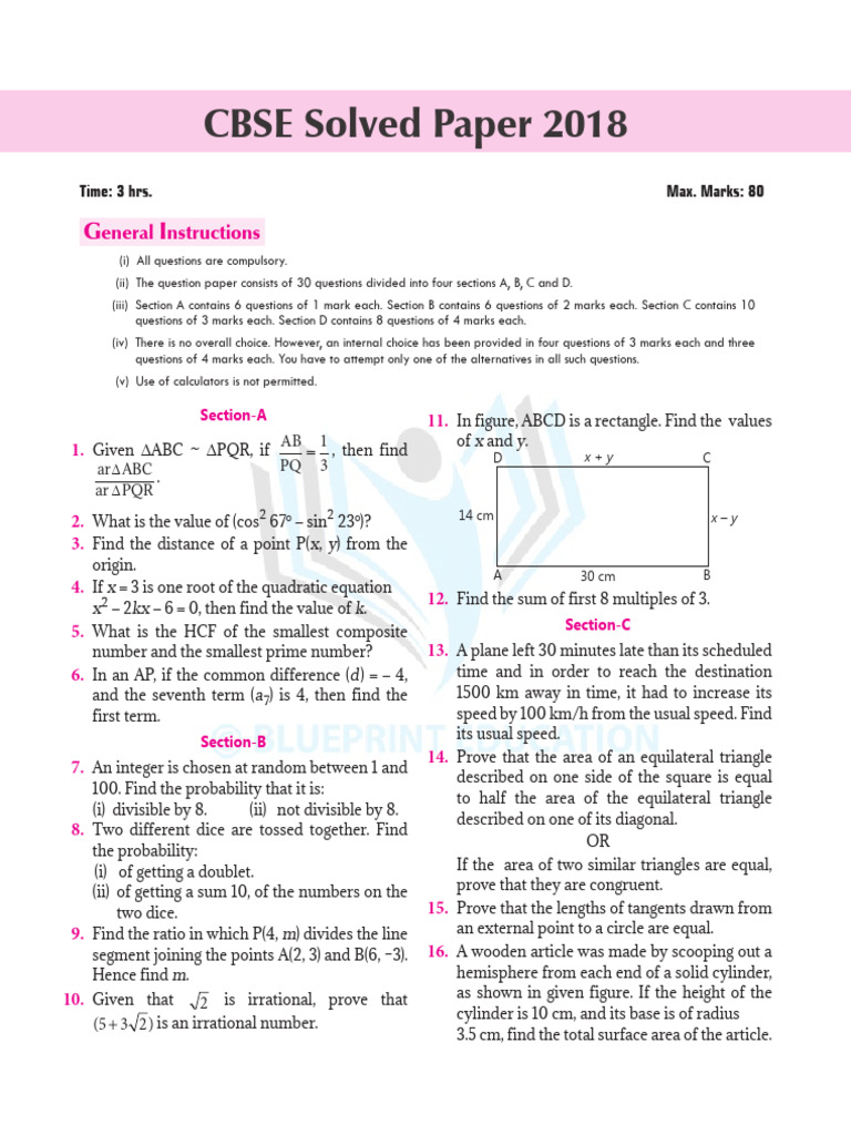 CBSE 2018 Math Exam Paper Solutions | PDF | Area | Triangle
