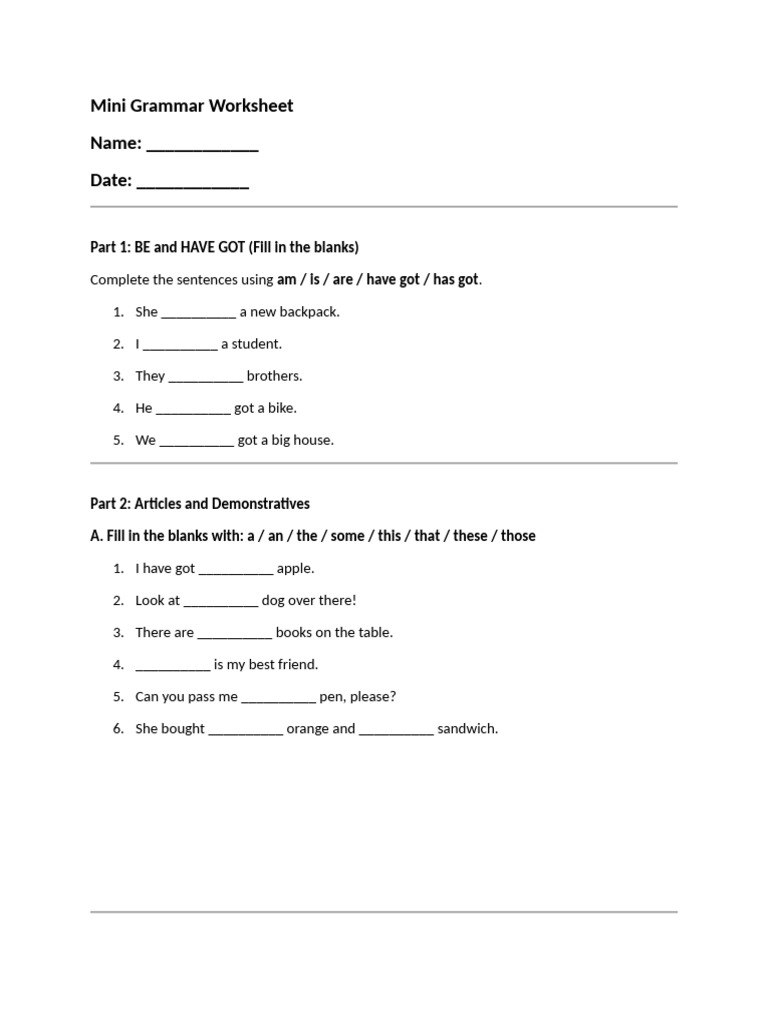 Mini Grammar Worksheet for ESL Students | PDF