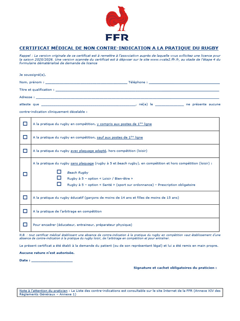 Certificat médical rugby 2025/2026 | PDF