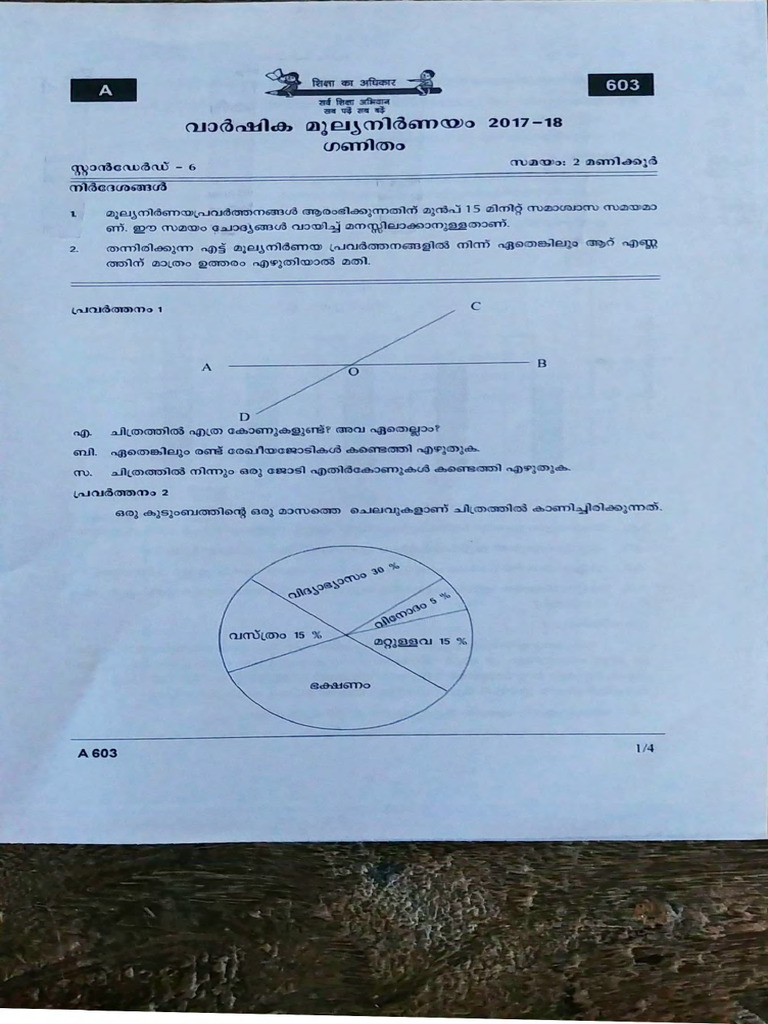 Kerala Class VI Annual Exam Question Paper March 2018 - MATHS (MM) | PDF
