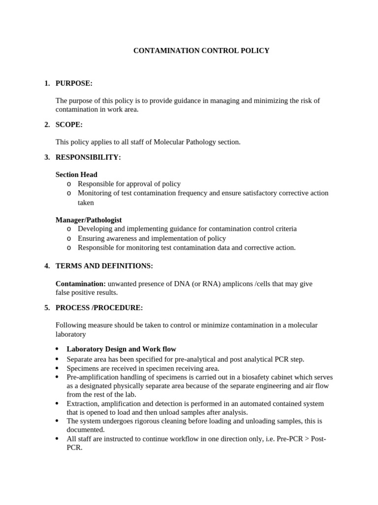 Contamination Control Policy for Labs | PDF | Polymerase Chain Reaction