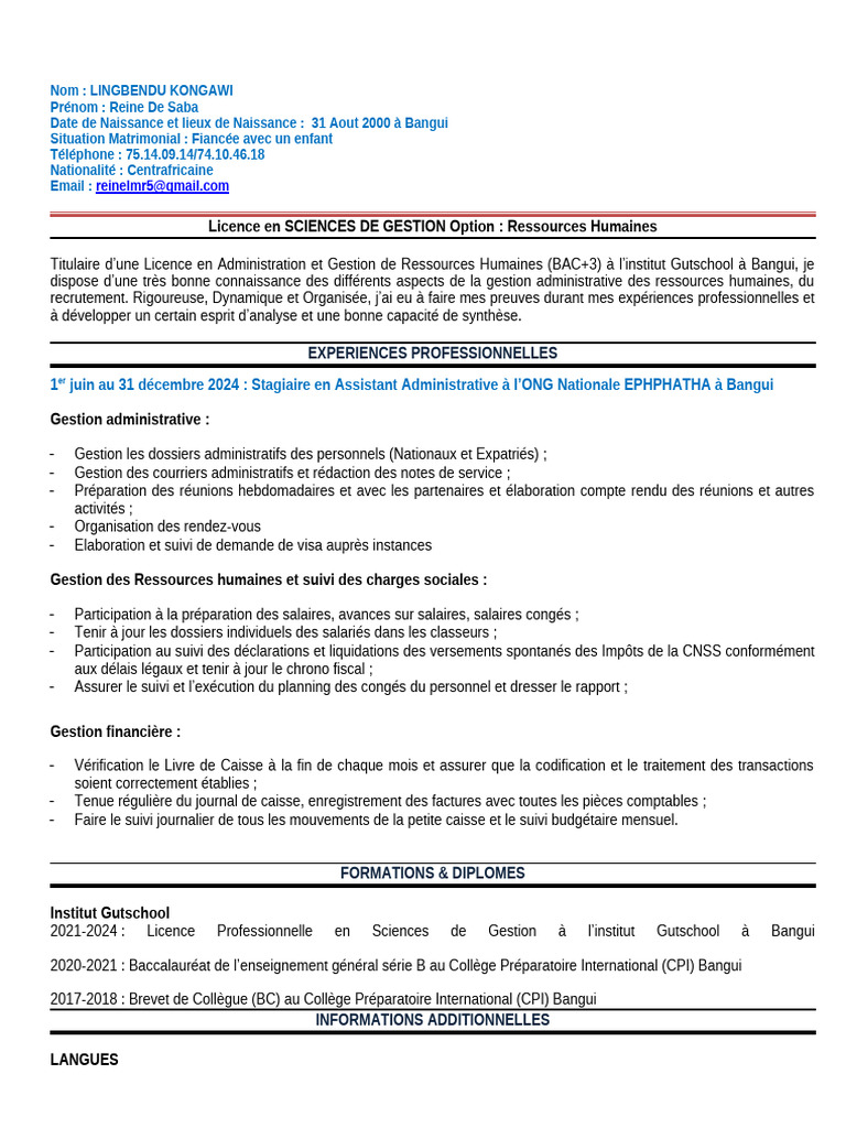 CV de Reine De Saba - Gestion RH Bangui | PDF | Gestion des ressources ...