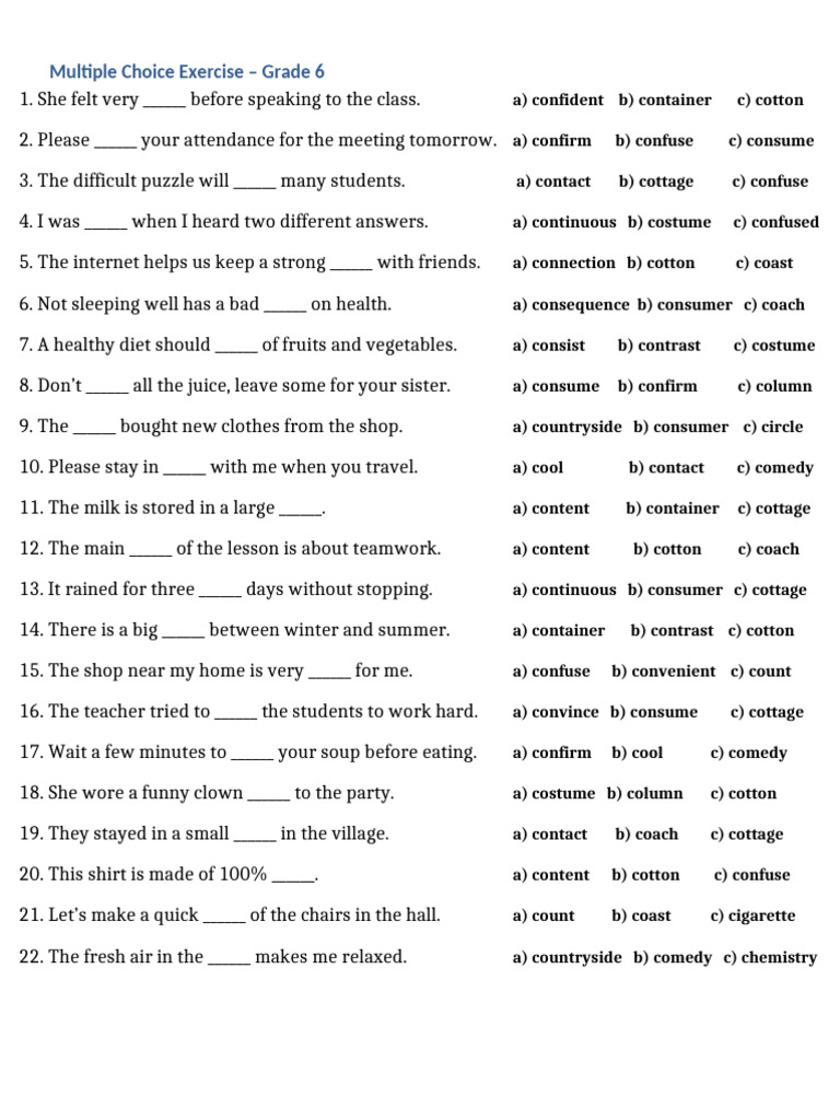 Grade 6 Vocabulary Multiple Choice Quiz | PDF