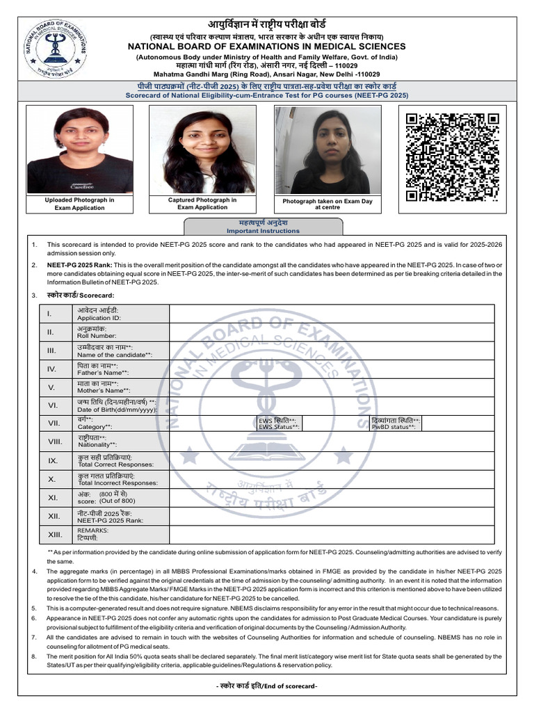 NEET-PG 2025 Scorecard Details | PDF | Qualifications | Educational Stages