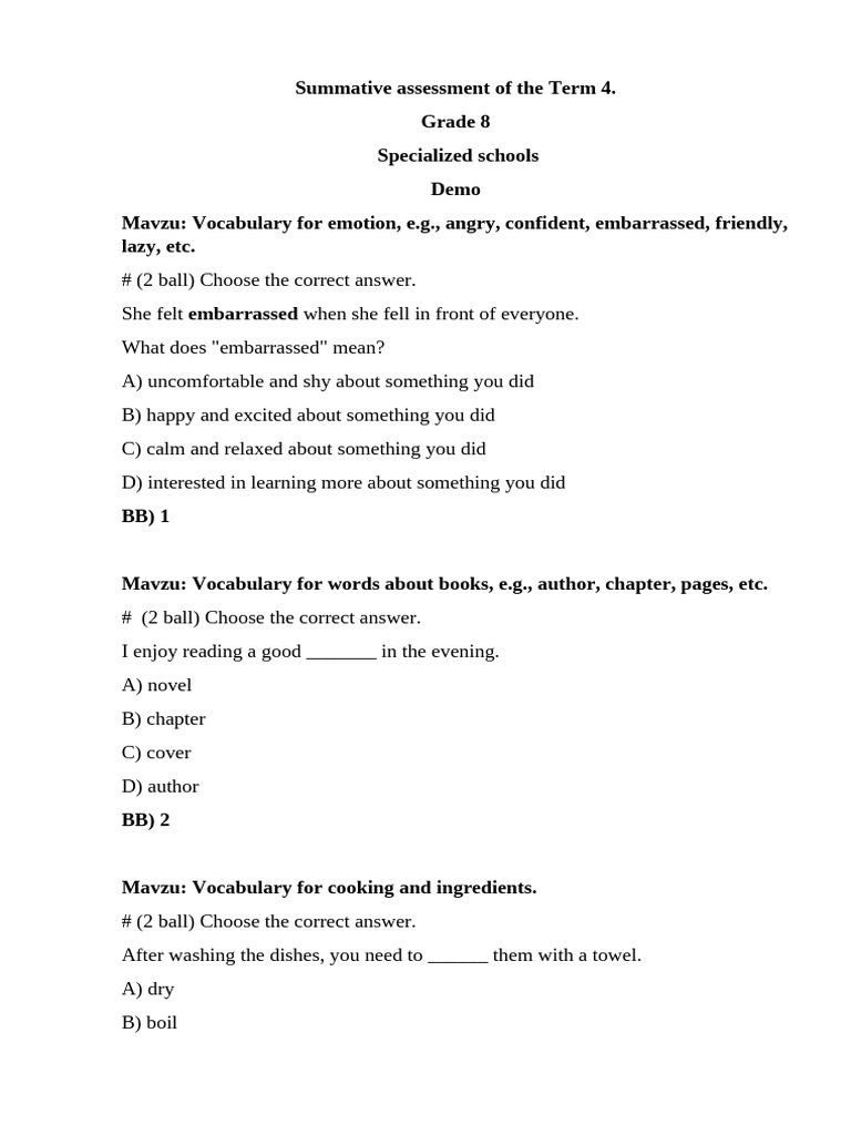 Grade 8 Vocabulary and Grammar Assessment | PDF | Verb | Linguistics