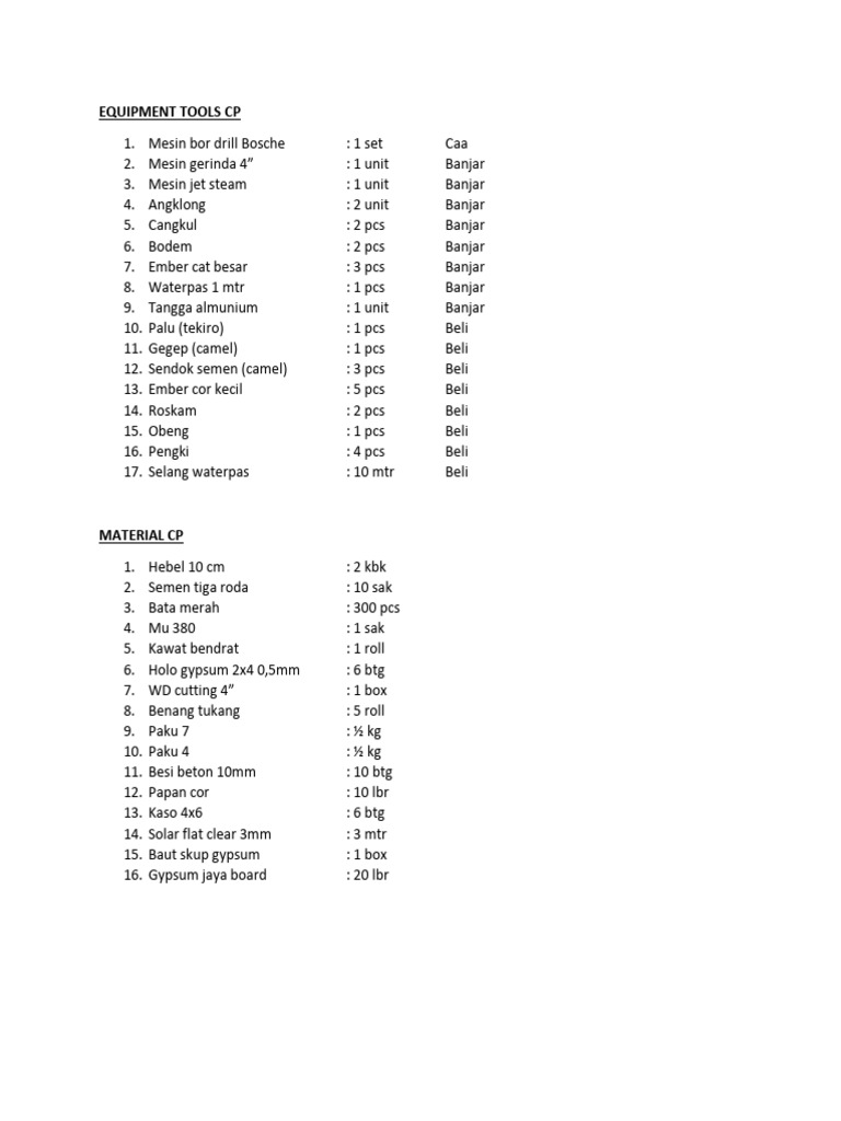Construction Equipment and Materials List | PDF