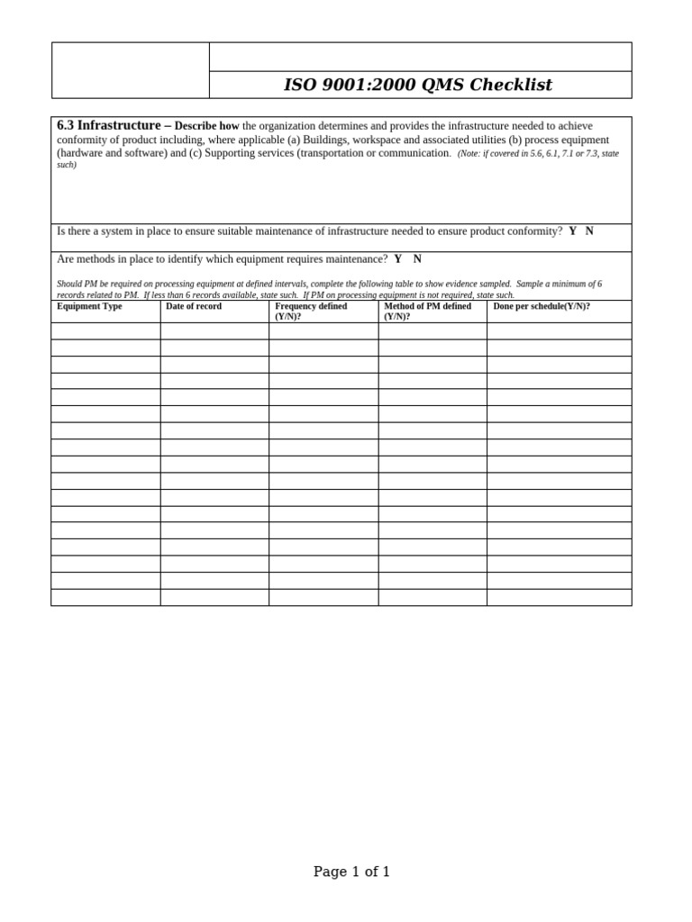 ISO 9001:2000 QMS Infrastructure Checklist | PDF