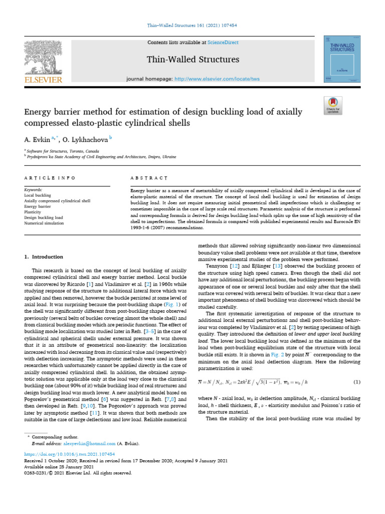 Energy Barrier Method for Shell Buckling | PDF | Buckling | Continuum ...