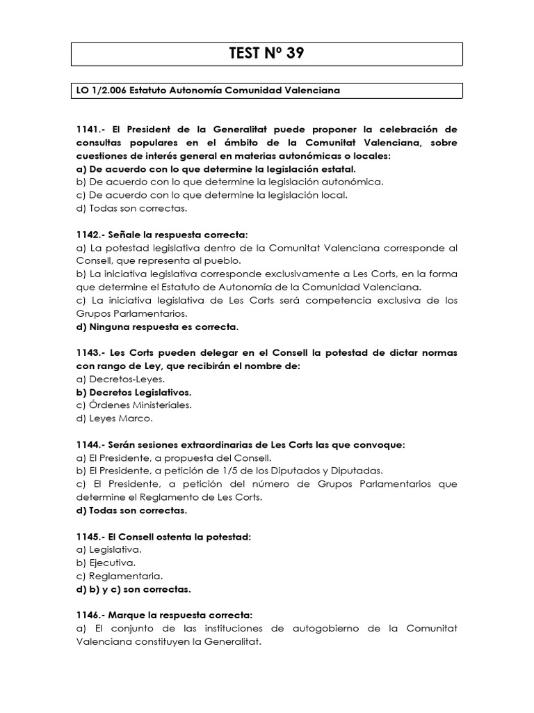 Test sobre el Estatuto de Autonomía CV | PDF | Gobierno | Gobierno de ...