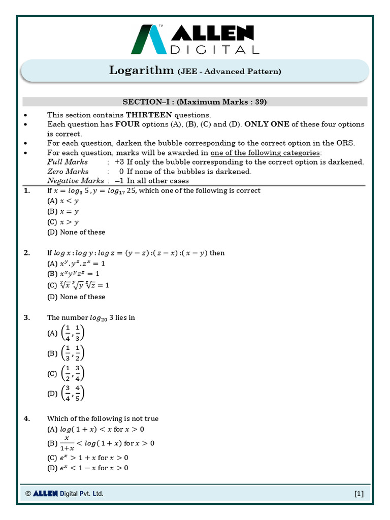 Logarithm Questions for JEE Advanced | PDF | Mathematical Analysis ...