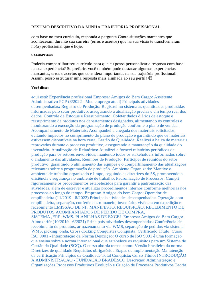 Trajetória Profissional: Erros e Acertos | PDF | Logística | Gestão de ...