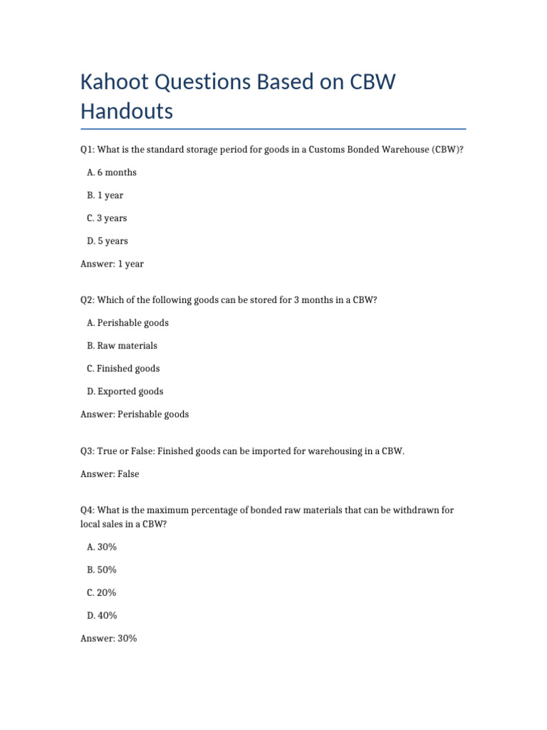 CBW Kahoot Quiz Questions and Answers | PDF | Warehouse