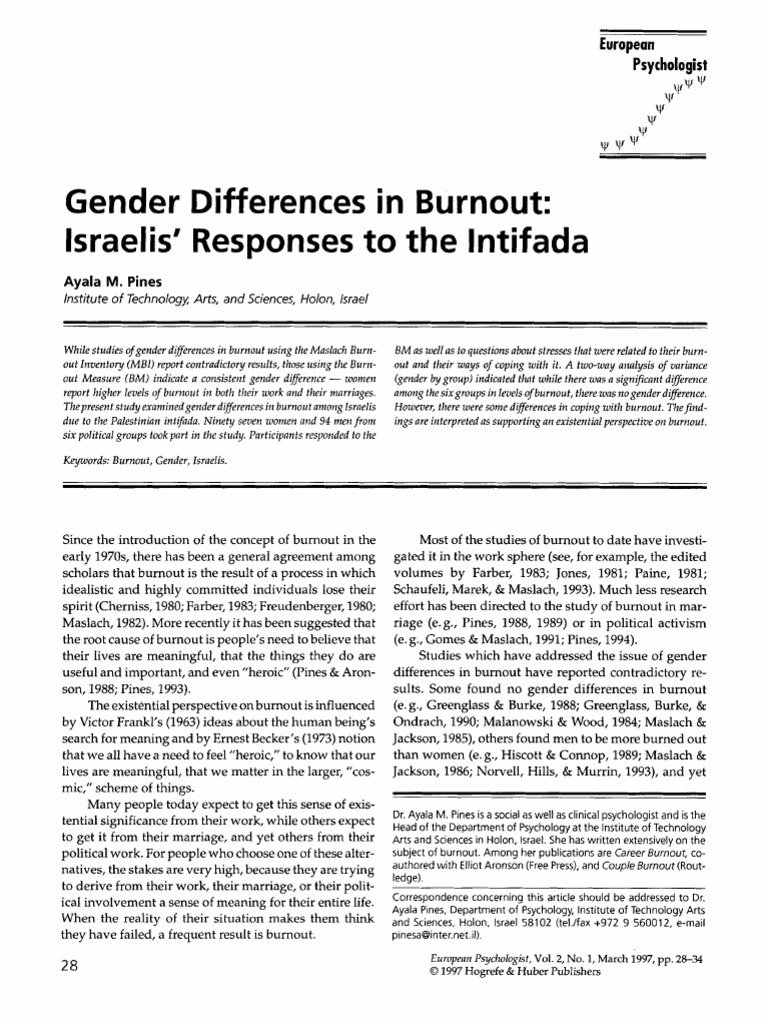 Gender Differences in Burnout | PDF | Israeli Settlement | First Intifada