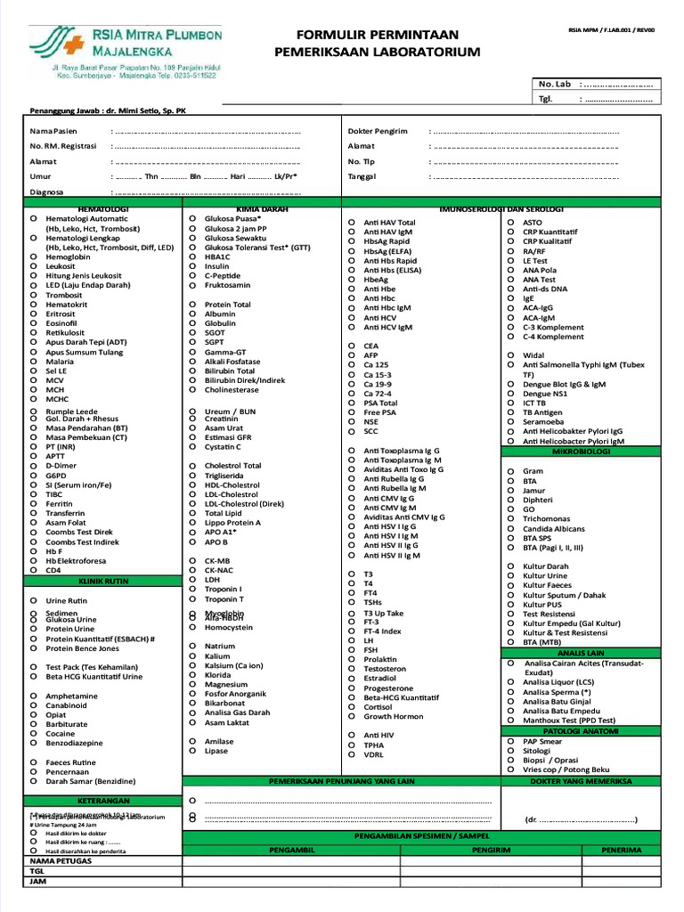 PDF 1 Form Permintaan Pemeriksaan Lab Compress | PDF | Hematology | Blood