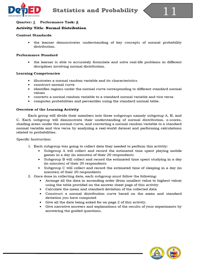 Stats and Prob Performance Task 2 | PDF | Normal Distribution ...