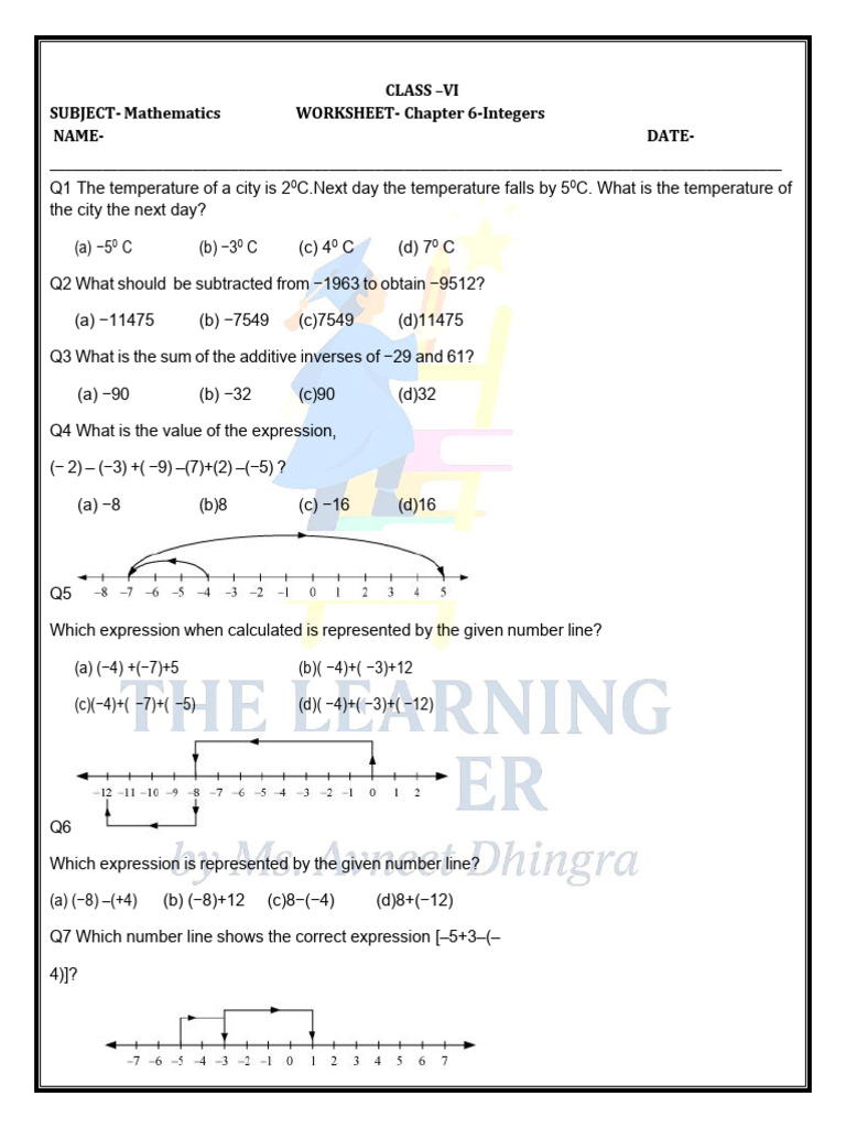 CBSE Class 6 Integers Worksheet | PDF