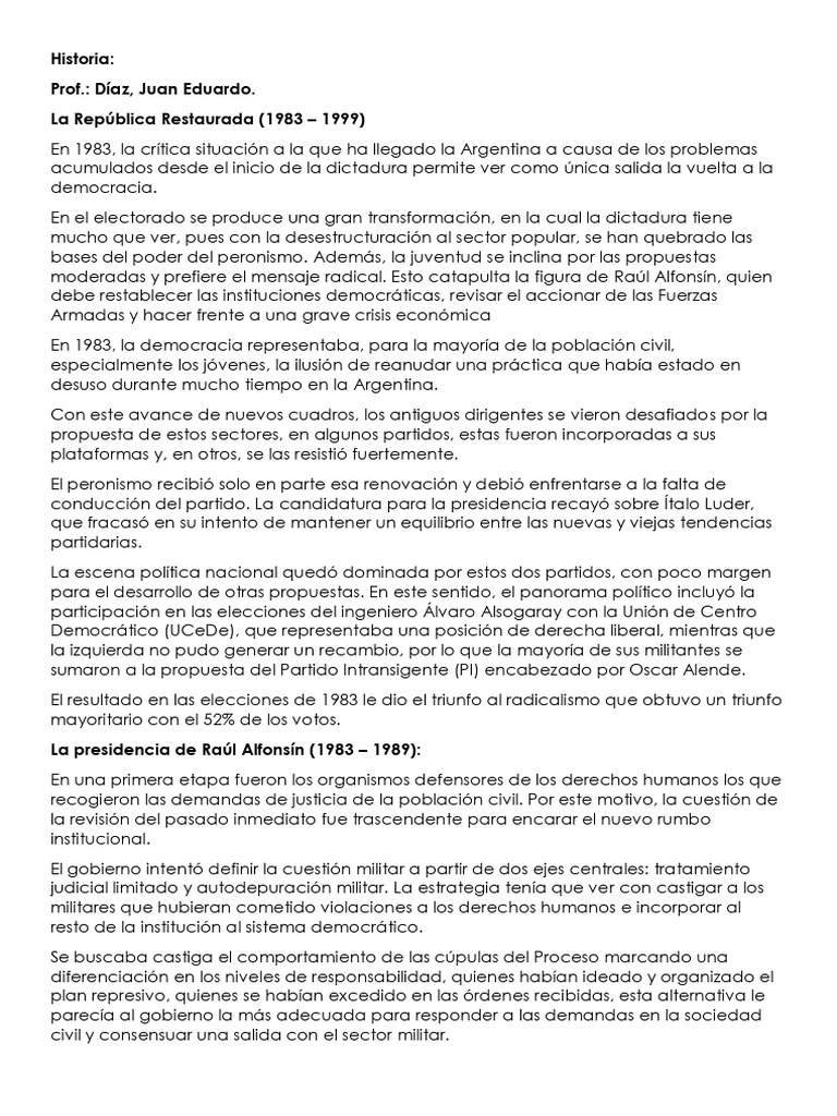 La República Restaurada en Argentina (1983-1999) | PDF | Gobierno ...