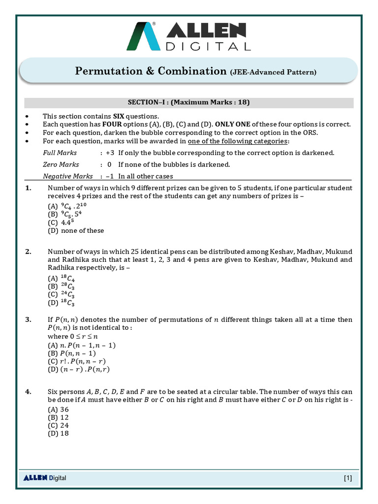 Combinatorial Problems in JEE Patterns | PDF | Numbers | Abstract Algebra