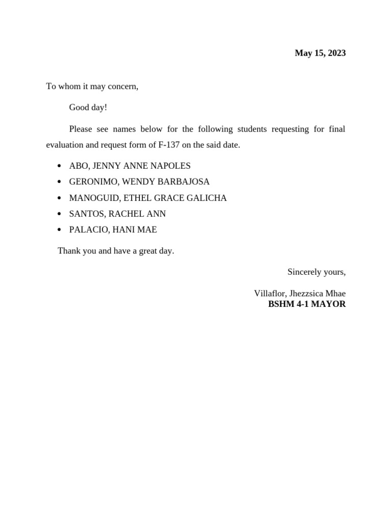 Student Final Evaluation Requests F-137 | PDF