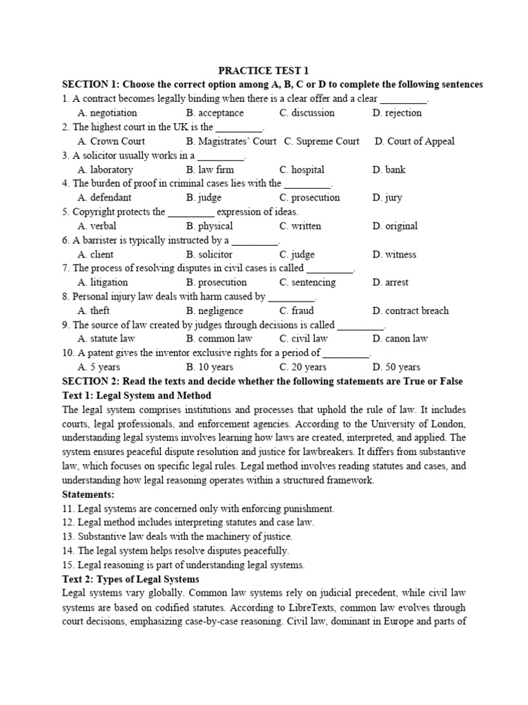 Legal Knowledge Practice Test | PDF | Barrister | Common Law