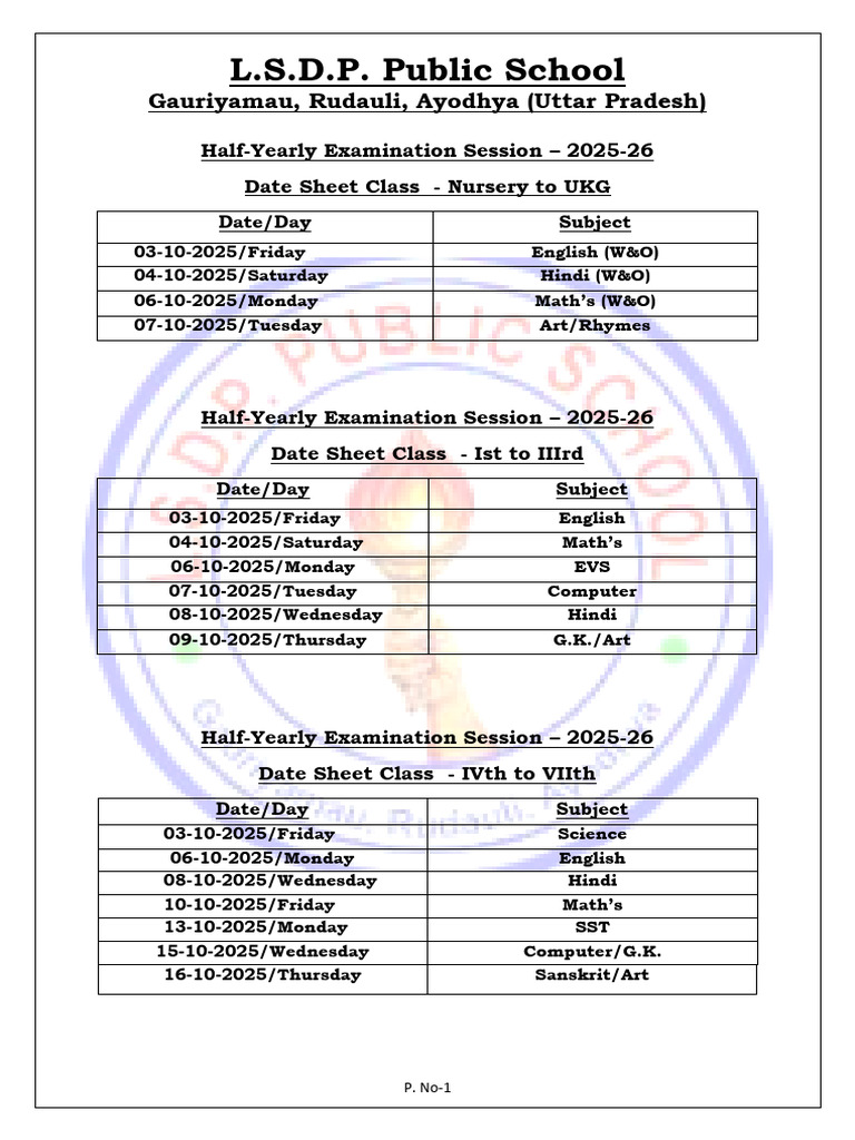 REVISED Half Yearly Date Sheet 2025-26 PDF | PDF