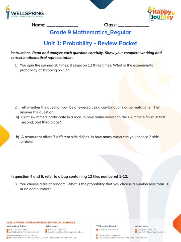 Grade 9 Probability Review Packet | PDF