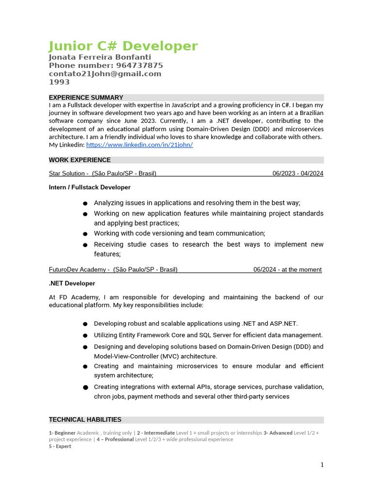 Junior C# Developer Resume Summary | PDF | My Sql | Php